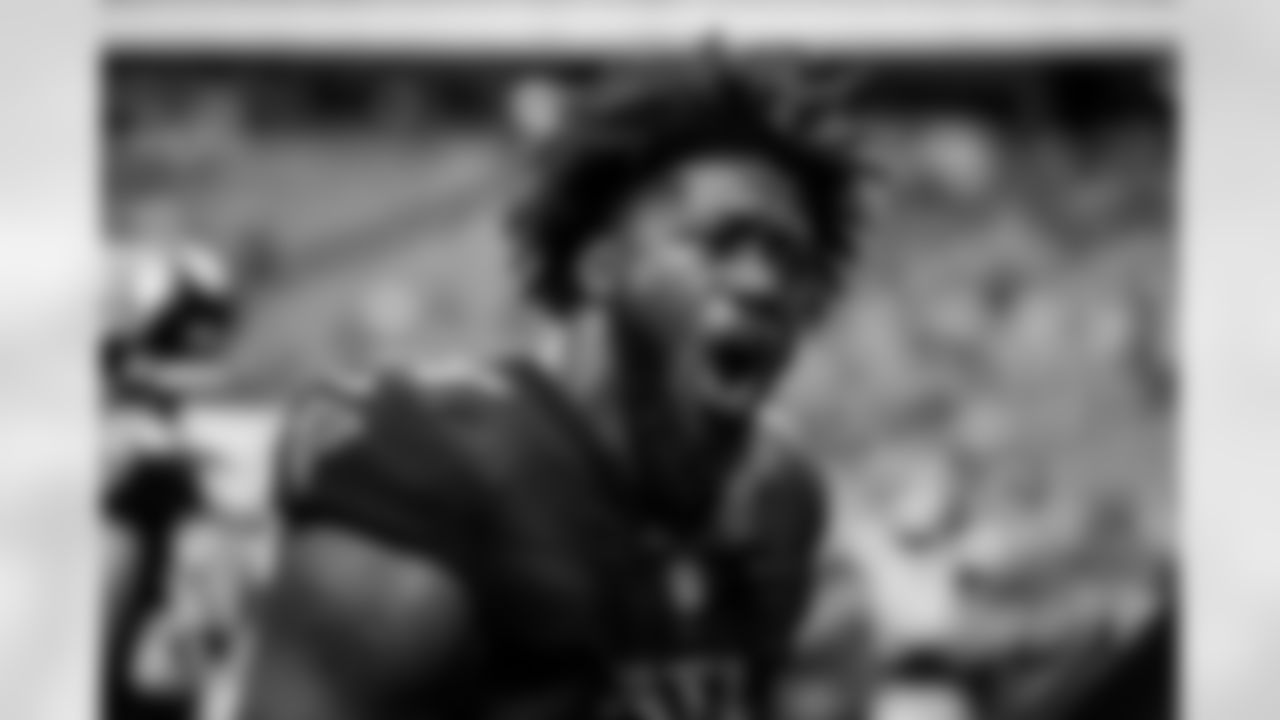 Atlanta Falcons edge rusher Jalon Walker #11 reacts on the sideline before the Week 11 Game against the Carolina Panthers at Mercedes-Benz Stadium in Atlanta, Georgia on Sunday, November 16, 2025. (Photo by Taylor McLaughlin/Atlanta Falcons)