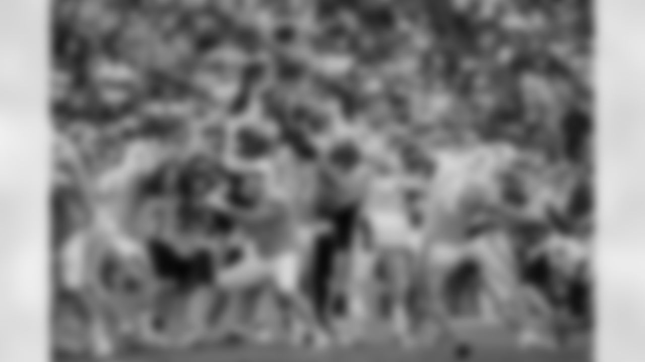 Atlanta Falcons defensive lineman Zach Harrison #96 and defensive lineman Ruke Orhorhoro #98 attempt to block a field goal during the second quarter of the Week 8 Game against the Tampa Bay Buccaneers at Raymond James Stadium in Tampa, Florida on Sunday, October 27, 2024. (Photo by Jay Bendlin/Atlanta Falcons)