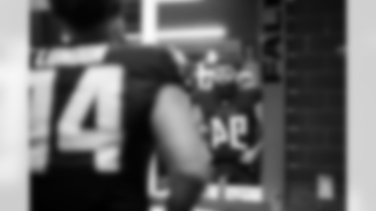 Atlanta Falcons defensive lineman LaCale London #94 in the locker room before the Week 14 Game against the Seattle Seahawks at Mercedes-Benz Stadium in Atlanta, Georgia on Sunday, December 7, 2025. (Photo by Jay Bendlin/Atlanta Falcons)