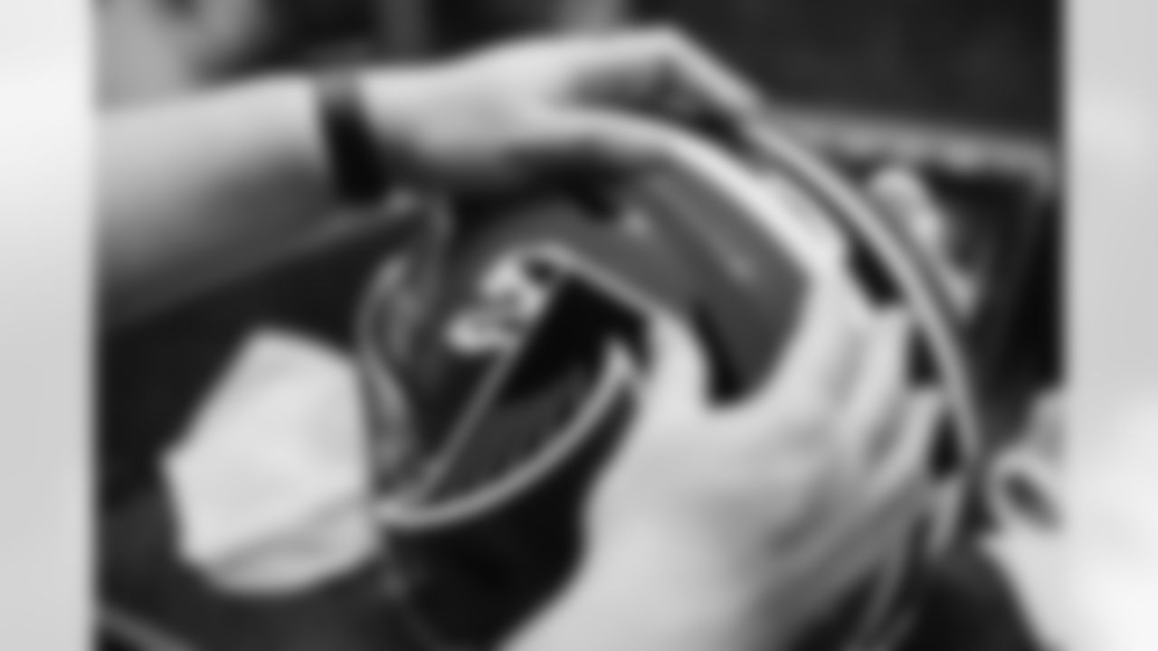 A general view of helmets in the locker room during the Week 15 Game against the Tampa Bay Buccaneers at Raymond James Stadium in Tampa, Florida on Thursday, December 11, 2025. (Photo by Brandon Magnus/Atlanta Falcons)