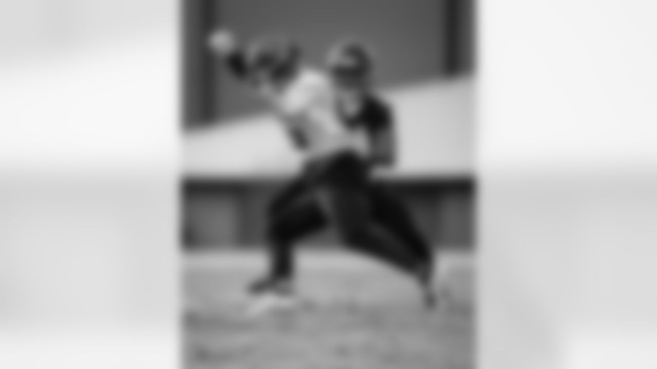 Atlanta Falcons inside linebacker Kaden Elliss #55 and Atlanta Falcons tight end Joshua Simon #47 during practice at Atlanta Falcons Training Facility in Flowery Branch, Georgia, on Wednesday, December 17, 2025. (Photo by Jay Bendlin/Atlanta Falcons)