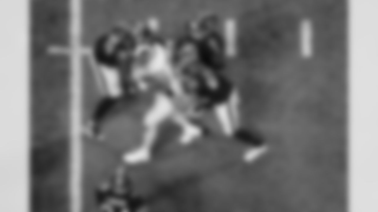 Atlanta Falcons inside linebacker Kaden Elliss #55 ad Atlanta Falcons defensive lineman Ruke Orhorhoro #98 make a sack during the Week 17 Game against the Los Angeles Rams at Mercedes-Benz Stadium in Atlanta, Georgia on Monday, December 29, 2025. (Photo by Jay Bendlin/Atlanta Falcons)