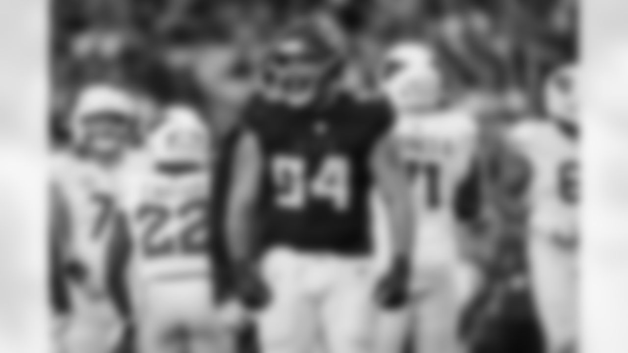 Atlanta Falcons defensive lineman LaCale London #94 celebrates after a tackle during the third quarter of the Week 16 Game against the Arizona Cardinals at State Farm Stadium in Glendale, Arizona on Sunday, December 21, 2025. (Photo by Jay Bendlin/Atlanta Falcons)