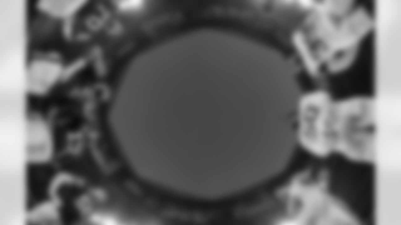 Atlanta Falcons tackle Jake Matthews #70, Atlanta Falcons safety Jessie Bates III #3, Atlanta Falcons punter Bradley Pinion, and Atlanta Falcons inside linebacker Kaden Elliss #55 during the coin toss before the Week 6 Game against the Buffalo Bills at Mercedes-Benz Stadium in Atlanta, Ga. on Monday, October 13, 2025. (Photo by Jay Bendlin/Atlanta Falcons)