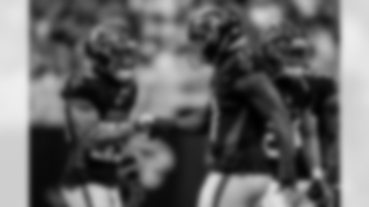 Atlanta Falcons defensive back Billy Bowman Jr. #33 and Atlanta Falcons outside linebacker Arnold Ebiketie #17 during the Week 11 Game against the Carolina Panthers at Mercedes-Benz Stadium in Atlanta, Georgia on Sunday, November 16, 2025. (Photo by Jay Bendlin/Atlanta Falcons)