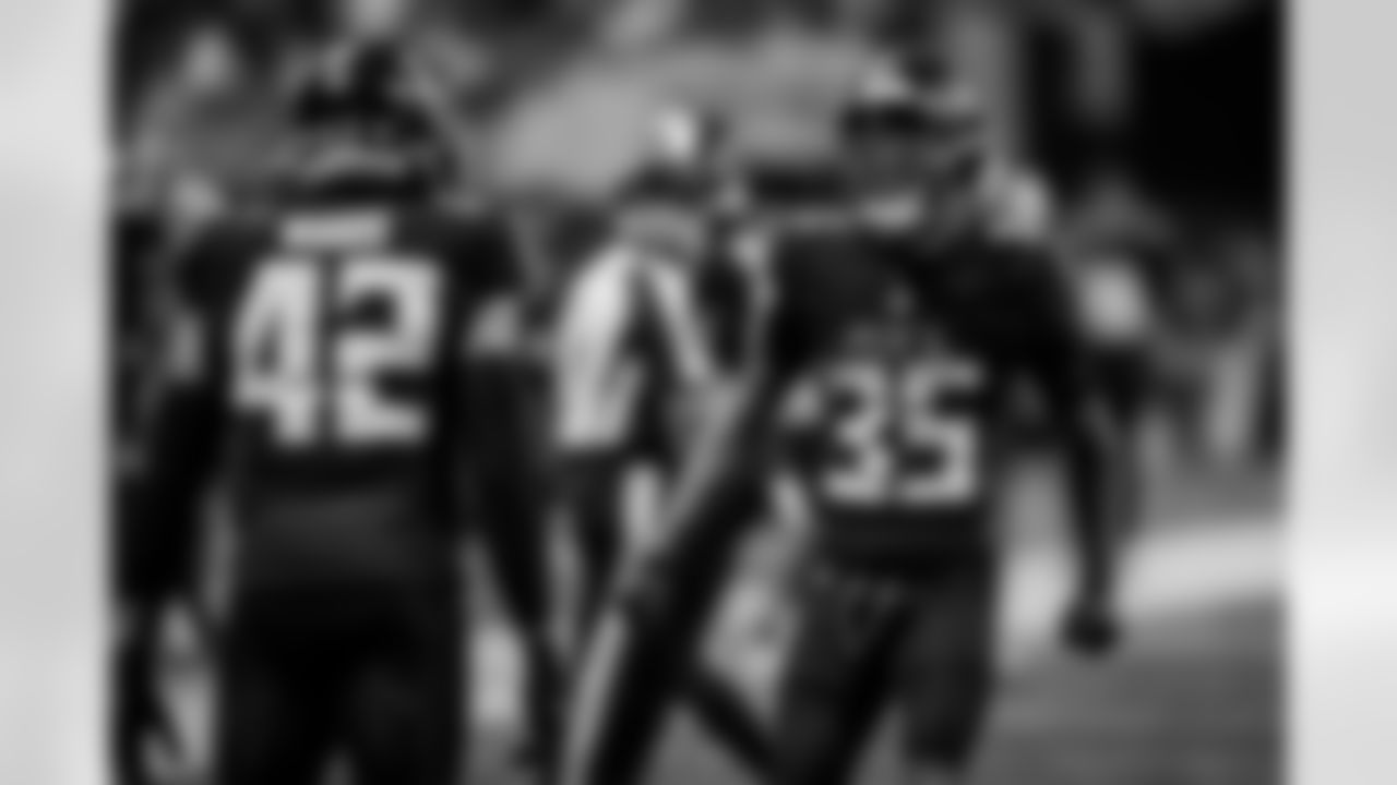 Atlanta Falcons cornerback Natrone Brooks #35 reacts during the Week 14 Game against the Seattle Seahawks at Mercedes-Benz Stadium in Atlanta, Georgia on Sunday, December 7, 2025. (Photo by Taylor McLaughlin/Atlanta Falcons)