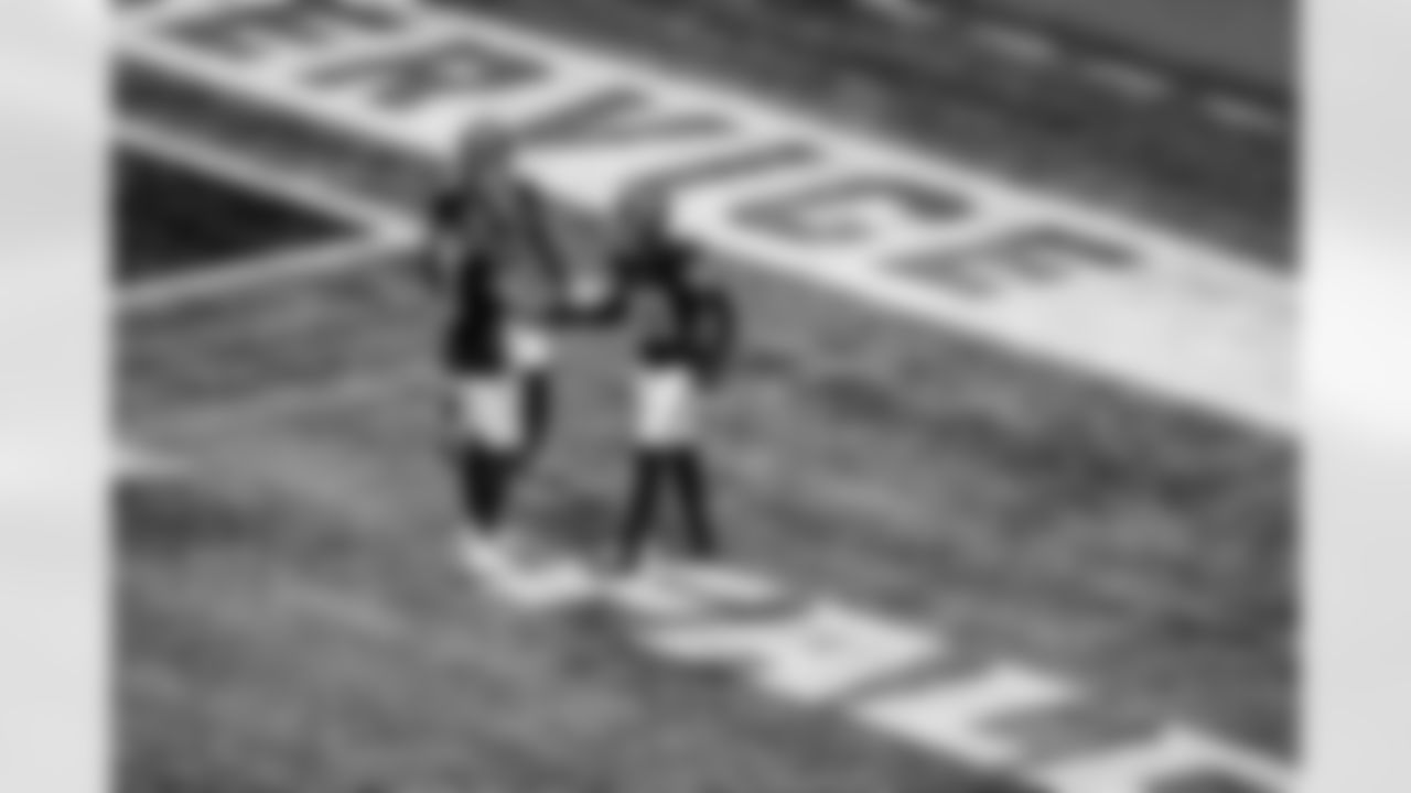 Atlanta Falcons safety Xavier Watts #31 celebrates with Atlanta Falcons safety Jessie Bates III #3 in the end zone during the Week 11 Game against the Carolina Panthers at Mercedes-Benz Stadium in Atlanta, Georgia on Sunday, November 16, 2025. (Photo by Bee Trofort-Wilson/Atlanta Falcons)