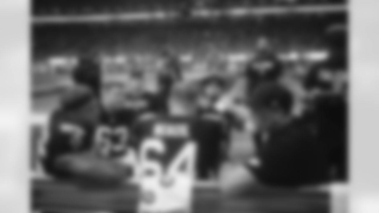 Atlanta Falcons offensive lineman Ryan Neuzil #64, guard Chris Lindstrom #63, offensive lineman Matthew Bergeron #65 during the Week 6 Game against the Buffalo Bills at Mercedes-Benz Stadium in Atlanta, Ga. on Monday, October 13, 2025. (Photo by Brandon Magnus/Atlanta Falcons)