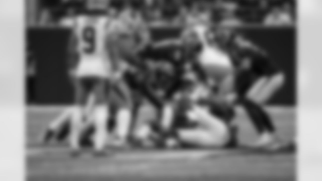 Atlanta Falcons edge rusher James Pearce Jr. #27 makes a tackle during the Week 11 Game against the Carolina Panthers at Mercedes-Benz Stadium in Atlanta, Georgia on Sunday, November 16, 2025. (Photo by Taylor McLaughlin/Atlanta Falcons)