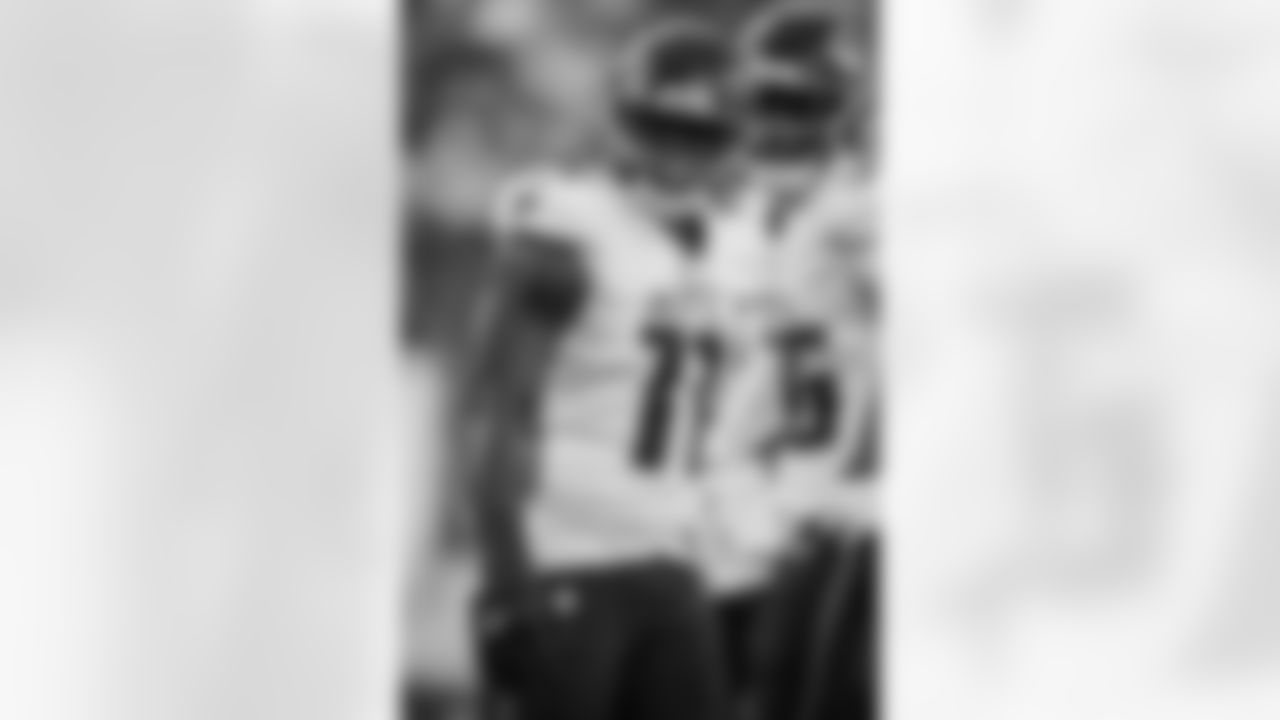 Atlanta Falcons edge rusher Jalon Walker #11 reacts during the second quarter of the Week 13 Game against the New York Jets at Metlife Stadium in East Rutherford, New Jersey on Sunday, November 30, 2025. (Photo by Taylor McLaughlin/Atlanta Falcons)