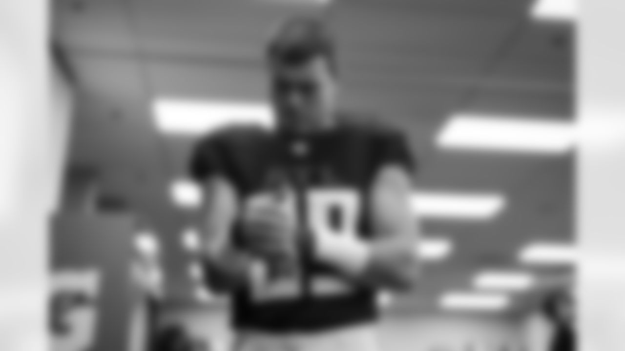 Atlanta Falcons tight end Charlie Woerner #89 in the locker room prior to the Week 16 Game against the Arizona Cardinals at State Farm Stadium in Glendale, Arizona on Sunday, December 21, 2025. (Photo by Jay Bendlin/Atlanta Falcons)