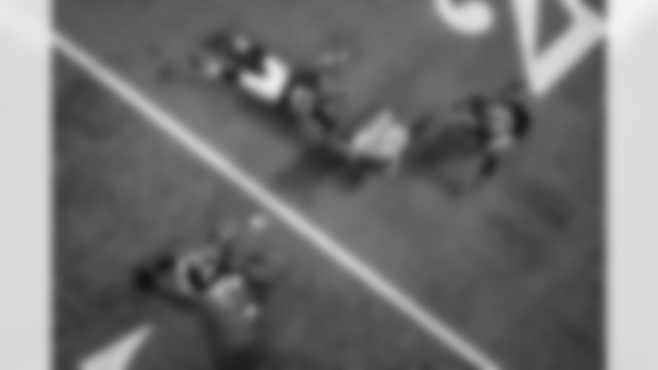 Atlanta Falcons linebacker Josh Woods #42 and Atlanta Falcons cornerback Mike Ford Jr. #28 during the Week 6 Game against the Buffalo Bills at Mercedes-Benz Stadium in Atlanta, Georgia on Monday, October 13, 2025. (Photo by Kevin Liles/Atlanta Falcons)