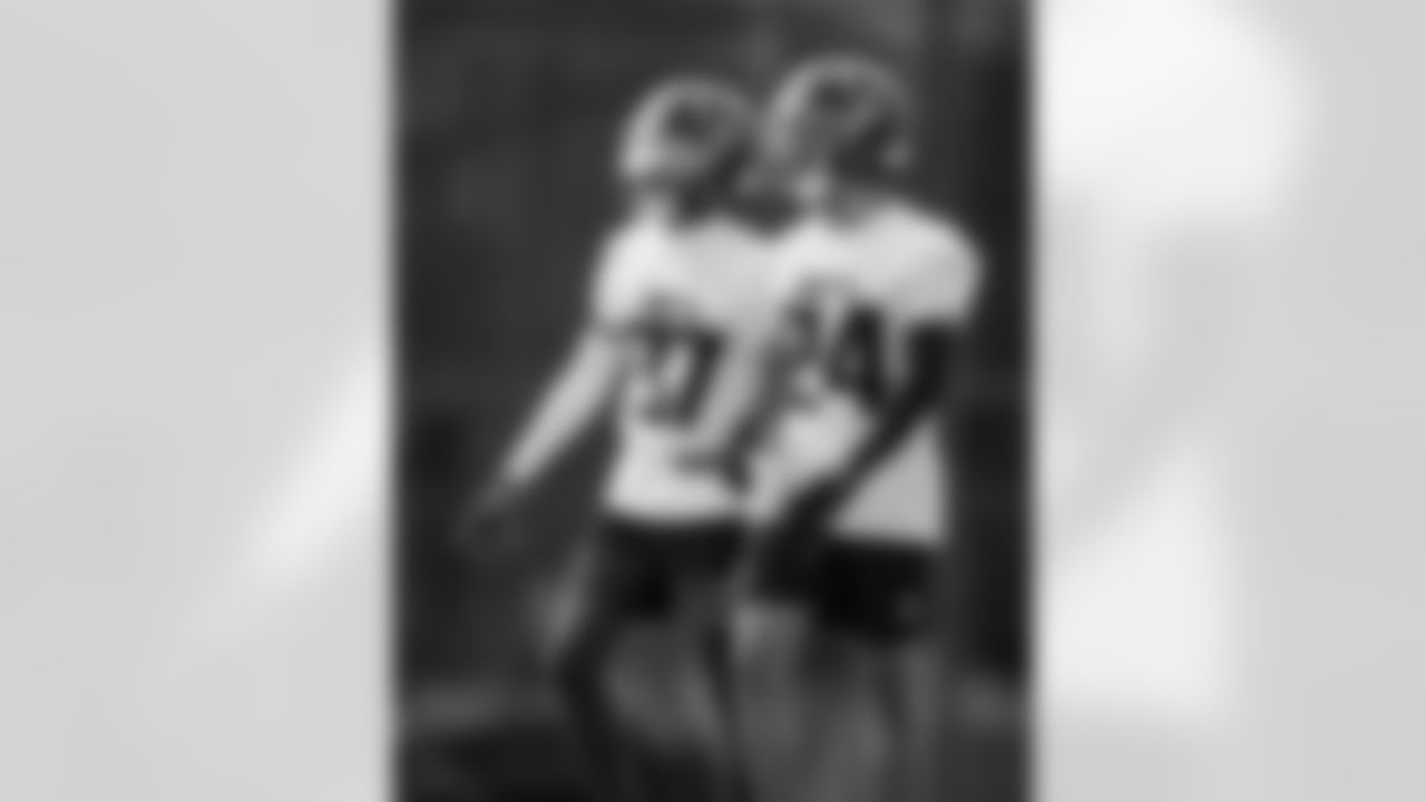 Atlanta Falcons cornerback Cobee Bryant #37 and Atlanta Falcons cornerback A.J. Terrell Jr. #24 during practice at Atlanta Falcons Training Facility in Flowery Branch, Georgia, on Wednesday, December 24, 2025. (Photo by Jay Bendlin/Atlanta Falcons)