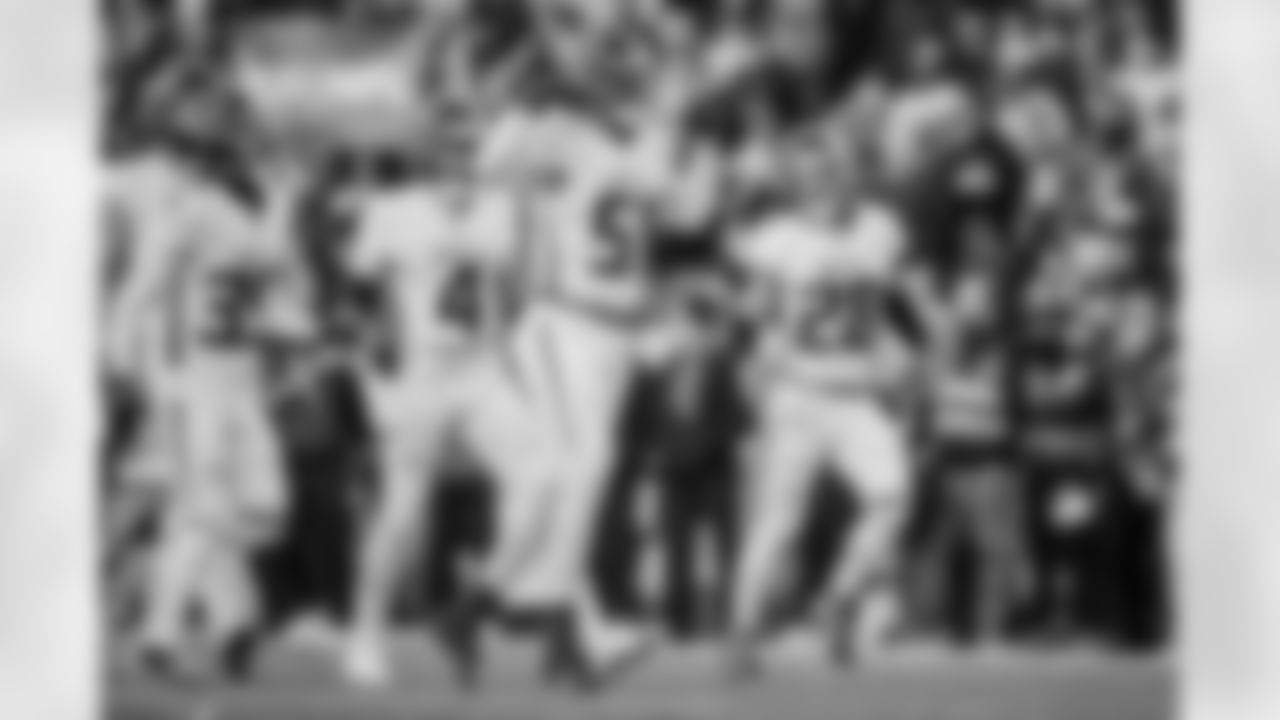 Atlanta Falcons inside linebacker DeAngelo Malone #51 celebrates during the Week 9 Game against the New England Patriots at Gillette Stadium in Foxborough, Massachusetts on Sunday, November 2, 2025. (Photo by Jay Bendlin/Atlanta Falcons)