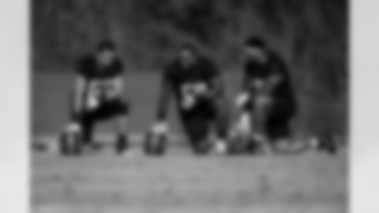 Atlanta Falcons guard Chris Lindstrom #63, Atlanta Falcons offensive lineman Kyle Hinton #68, and Atlanta Falcons offensive lineman Elijah Wilkinson #71 during practice at Atlanta Falcons Training Facility in Flowery Branch, Georgia, on Wednesday, December 24, 2025. (Photo by Jay Bendlin/Atlanta Falcons)