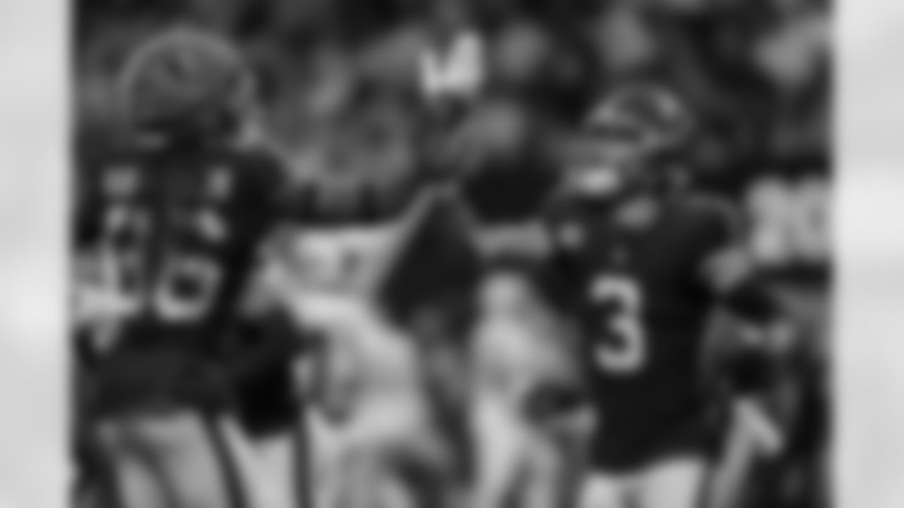 Atlanta Falcons safety Jessie Bates III #3 reacts after getting a pick six during the Week 17 Game against the Los Angeles Rams at Mercedes-Benz Stadium in Atlanta, Georgia on Monday, December 29, 2025. (Photo by Taylor McLaughlin/Atlanta Falcons)