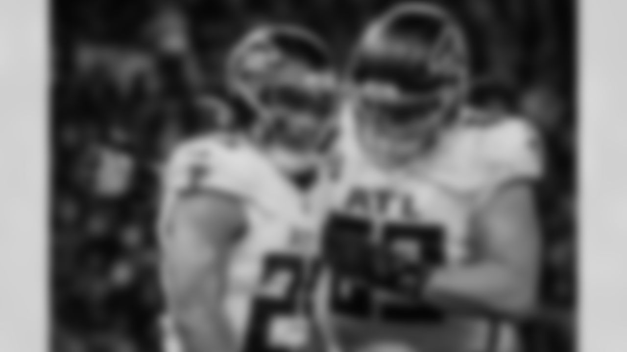 Atlanta Falcons running back Tyler Allgeier #25 celebrates after a touchdown during the fourth quarter of the Week 10 Game against the Indianapolis Colts at Olympic Stadium in Berlin, Germany on Sunday, November 9, 2025. (Photo by Taylor McLaughlin/Atlanta Falcons)