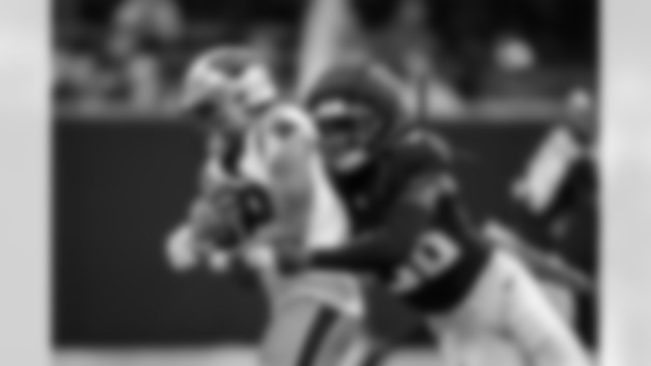 Atlanta Falcons inside linebacker Ronnie Harrison #36 makes a sack during the Week 11 Game against the Carolina Panthers at Mercedes-Benz Stadium in Atlanta, Georgia on Sunday, November 16, 2025. (Photo by Kevin Liles/Atlanta Falcons)