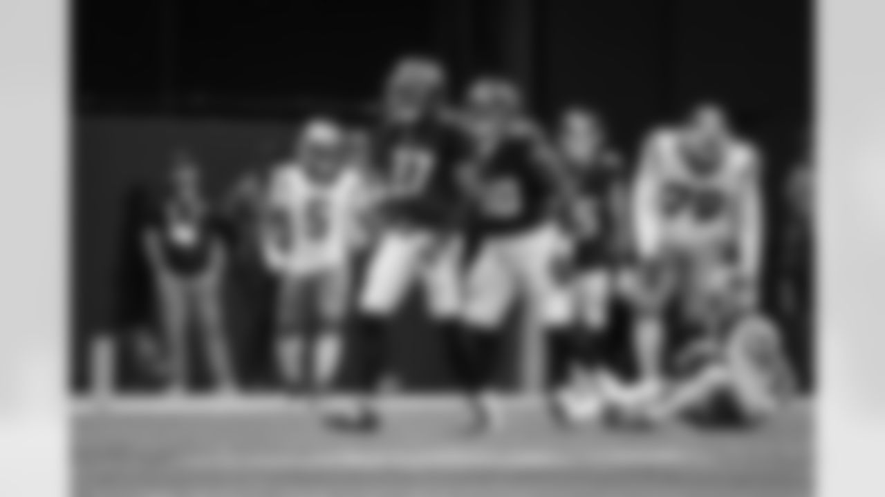 Atlanta Falcons edge rusher James Pearce Jr. #27 reacts after a sack during the Week 11 Game against the Carolina Panthers at Mercedes-Benz Stadium in Atlanta, Georgia on Sunday, November 16, 2025. (Photo by Jay Bendlin/Atlanta Falcons)