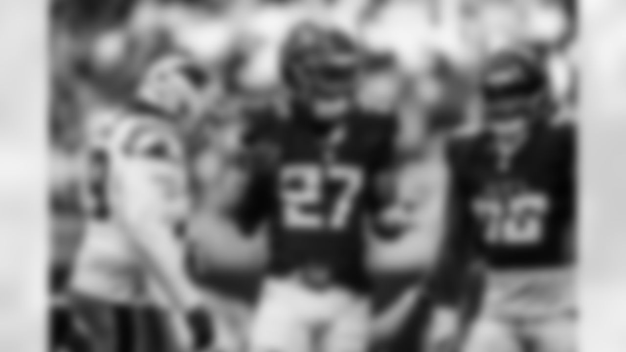 Atlanta Falcons edge rusher James Pearce Jr. #27 reacts during the Week 11 Game against the Carolina Panthers at Mercedes-Benz Stadium in Atlanta, Georgia on Sunday, November 16, 2025. (Photo by Jay Bendlin/Atlanta Falcons)