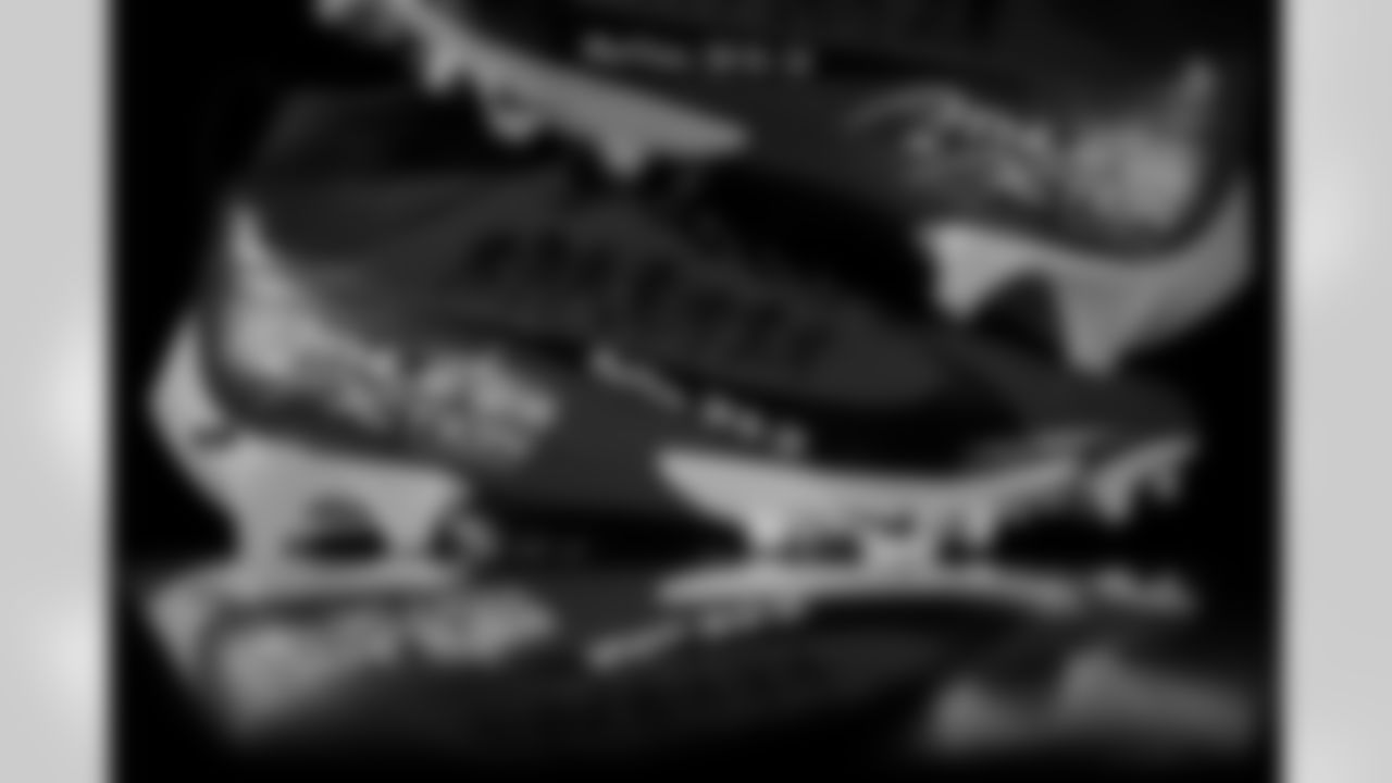 Photos of Atlanta Falcons running back Nathan Carter #38's cleats for My Cause My Cleats at the Atlanta Falcons Training Facility in Flowery Branch, Ga. on Thursday, November 20, 2025. (Photo by Taylor McLaughlin/Atlanta Falcons)