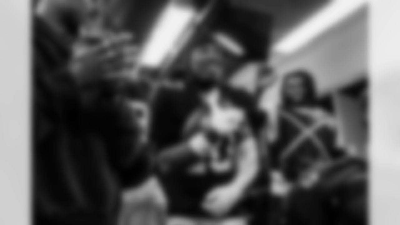 Atlanta Falcons cornerback Dee Alford #20 celebrates in the locker room during the Week 15 Game against the Tampa Bay Buccaneers at Raymond James Stadium in Tampa, Florida on Thursday, December 11, 2025. (Photo by Jay Bendlin/Atlanta Falcons)