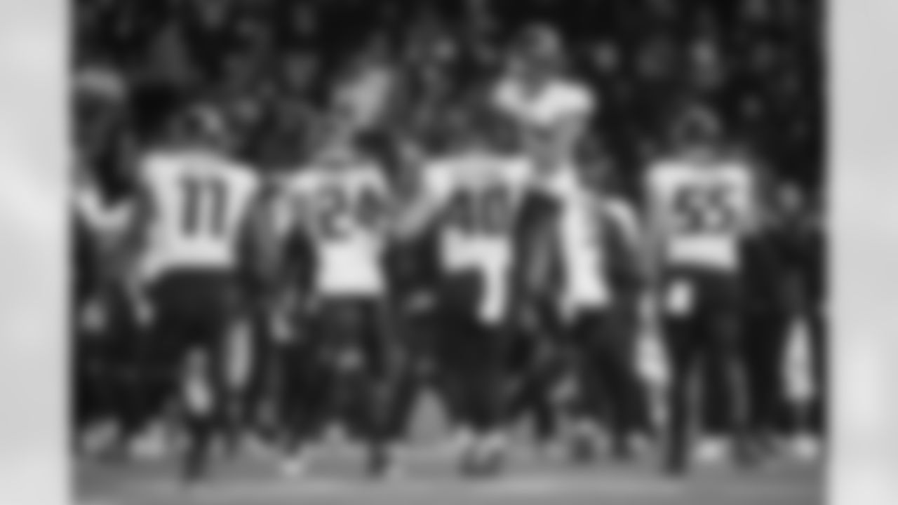 Atlanta Falcons defense reacts after Atlanta Falcons inside linebacker JD Bertrand #40 makes a fourth down stop during the Week 10 Game against the Indianapolis Colts at Olympic Stadium in Berlin, Germany on Sunday, November 9, 2025. (Photo by Jay Bendlin/Atlanta Falcons)