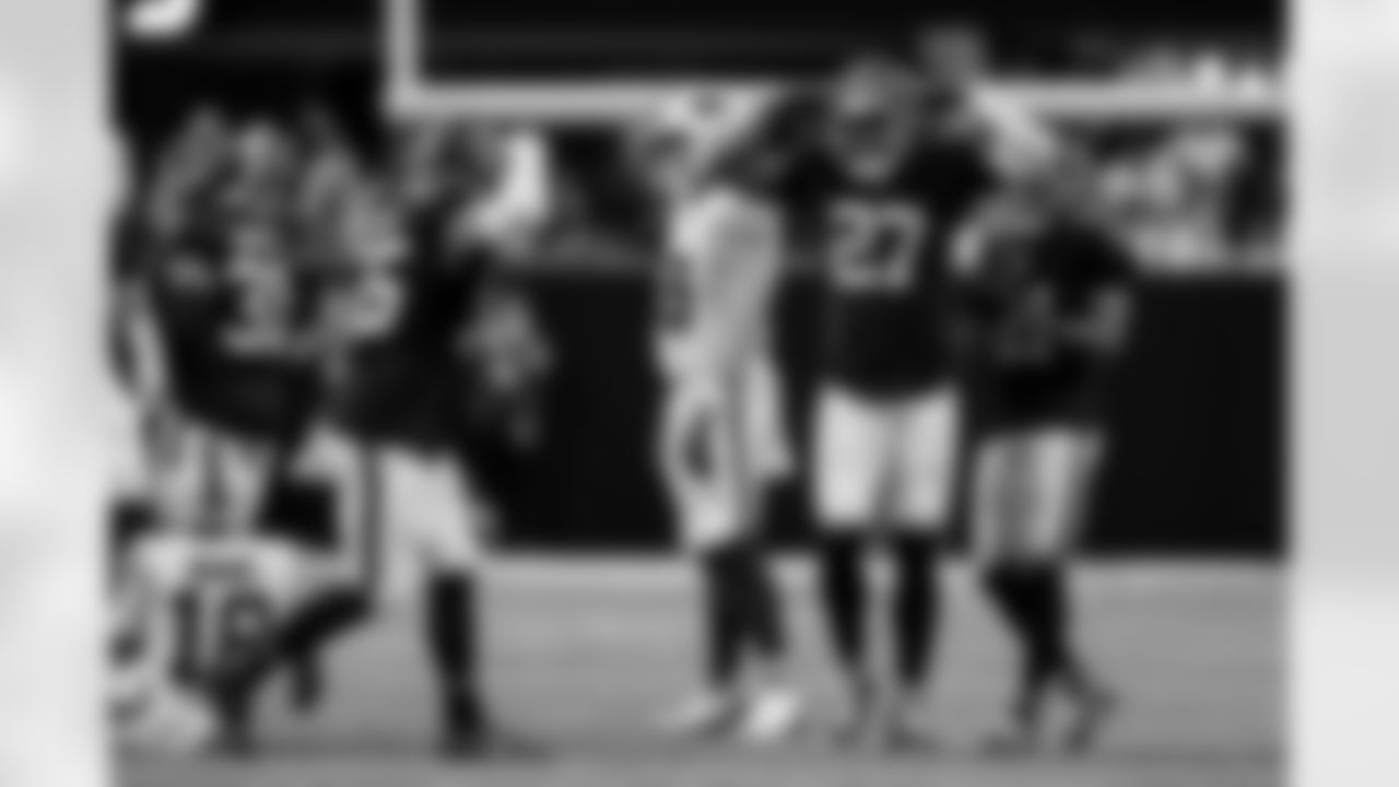 Atlanta Falcons edge rusher James Pearce Jr. #27 celebrates a tackle during the Week 6 Game against the Buffalo Bills at Mercedes-Benz Stadium in Atlanta, Ga. on Monday, October 13, 2025. (Photo by Taylor McLaughlin/Atlanta Falcons)