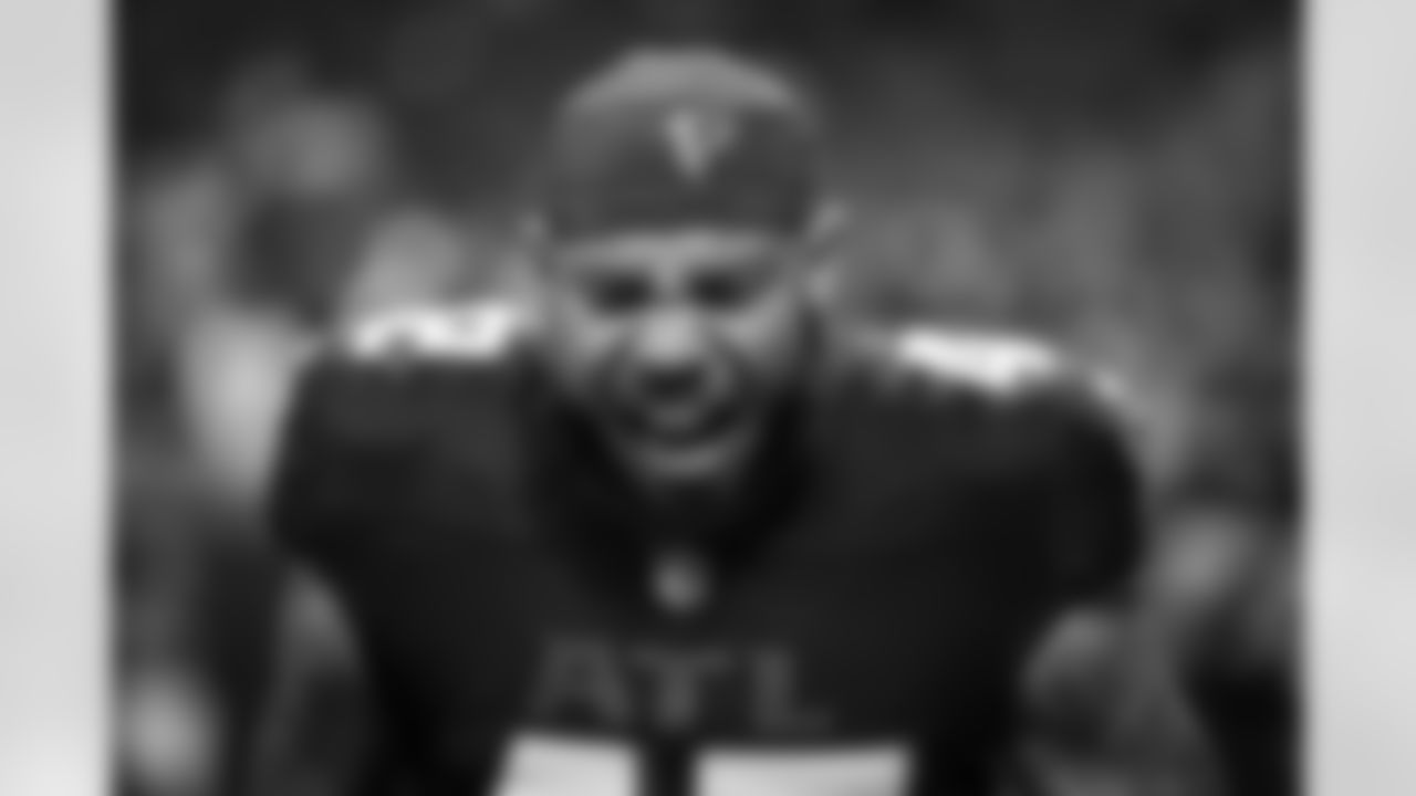 Atlanta Falcons linebacker Josh Woods #42 prior to the Week 4 Game against the Washington Commanders at Mercedes-Benz Stadium in Atlanta, Georgia on Sunday, September 28, 2025. (Photo by Brandon Magnus/Atlanta Falcons)