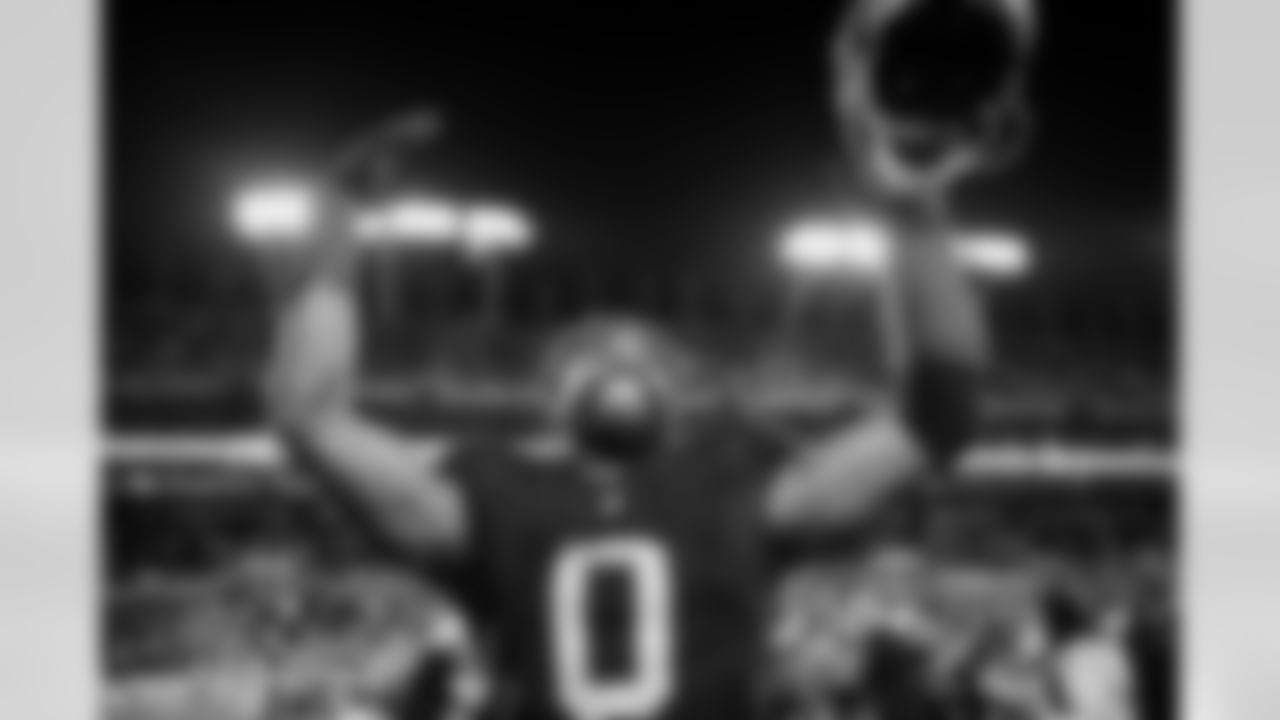 Atlanta Falcons outside linebacker Divine Deablo #0 celebrates during the Week 15 Game against the Tampa Bay Buccaneers at Raymond James Stadium in Tampa, Florida on Thursday, December 11, 2025. (Photo by Mitch Martin/Atlanta Falcons)