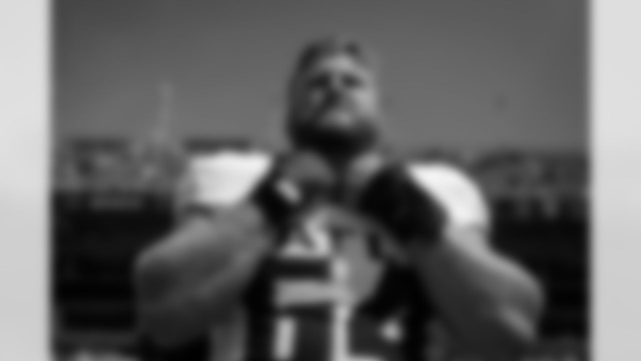 Atlanta Falcons offensive lineman Ryan Neuzil #64 prior to the Week 3 Game against the Carolina Panthers at Bank of America Stadium in Charlotte, North Carolina on Sunday, September 21, 2025. (Photo by Jay Bendlin/Atlanta Falcons)