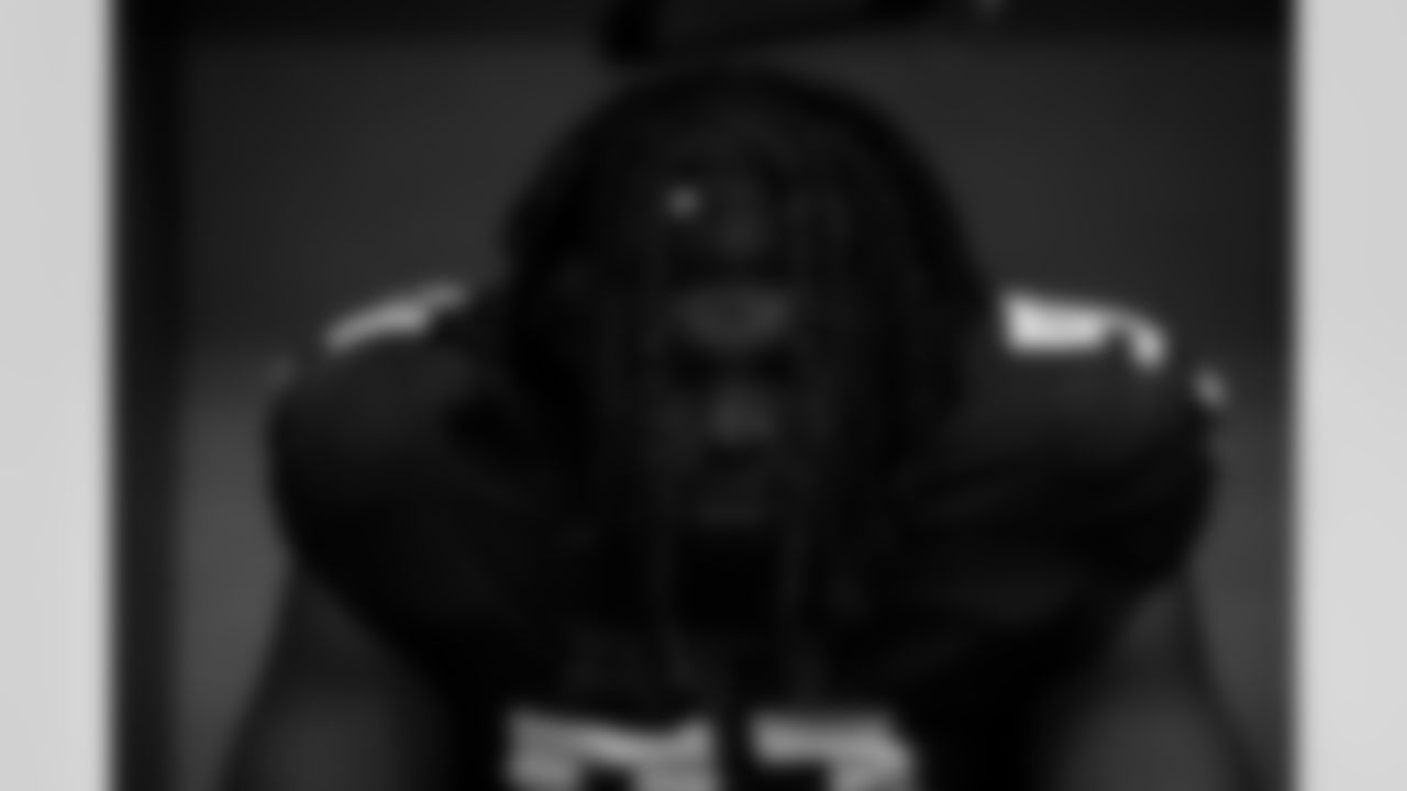 Atlanta Falcons defensive lineman Simeon Barrow Jr. #91 in the locker room before the Preseason Game against the Dallas Cowboys at AT&T Stadium in Arlington, Texas on Friday, August 22, 2025. (Photo by Jay Bendlin/Atlanta Falcons)