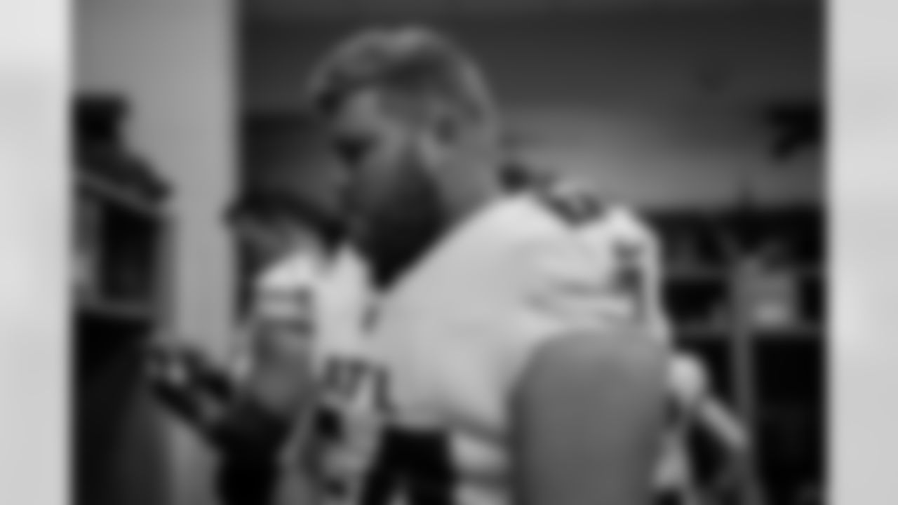 Atlanta Falcons offensive lineman Ryan Neuzil #64 in the locker room before the Week 13 Game against the New York Jets at Metlife Stadium in East Rutherford, New Jersey on Sunday, November 30, 2025. (Photo by Jay Bendlin/Atlanta Falcons)