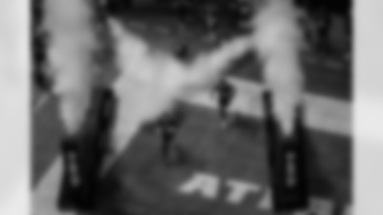 Players run out prior to the Week 8 Game against the Miami Dolphins at Mercedes-Benz Stadium in Atlanta, Georgia on Sunday, October 26, 2025. (Photo by Mitch Martin/Atlanta Falcons)