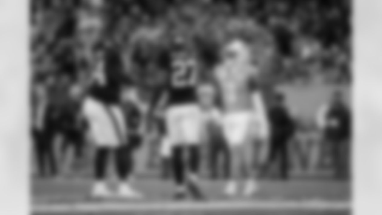 Atlanta Falcons edge rusher James Pearce Jr. #27 reacts with Atlanta Falcons inside linebacker Kaden Elliss #54 after a sack during the Week 15 Game against the Tampa Bay Buccaneers at Raymond James Stadium in Tampa, Florida on Thursday, December 11, 2025. (Photo by Mitch Martin/Atlanta Falcons)