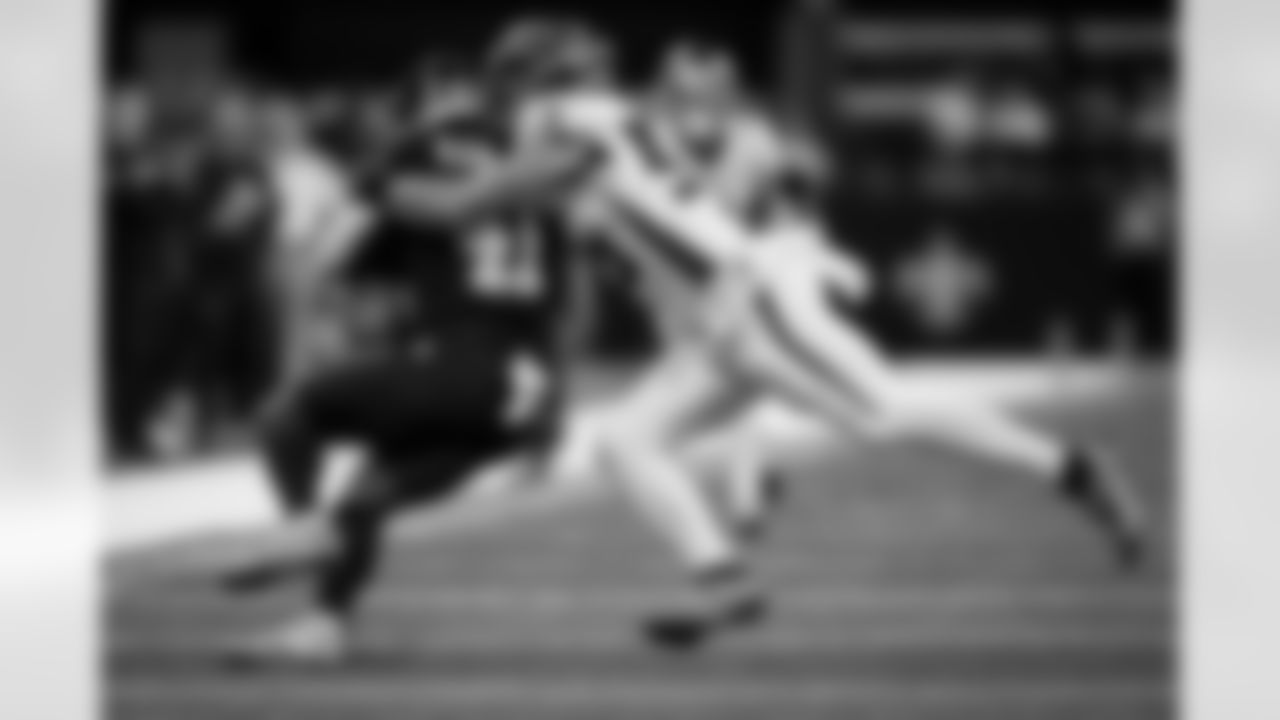 Atlanta Falcons inside linebacker Kaden Elliss #55 makes a tackle during the Week 12 Game against the New Orleans Saints at Caesars Superdome in New Orleans, Louisiana on Sunday, November 23, 2025. (Photo by Taylor McLaughlin/Atlanta Falcons)