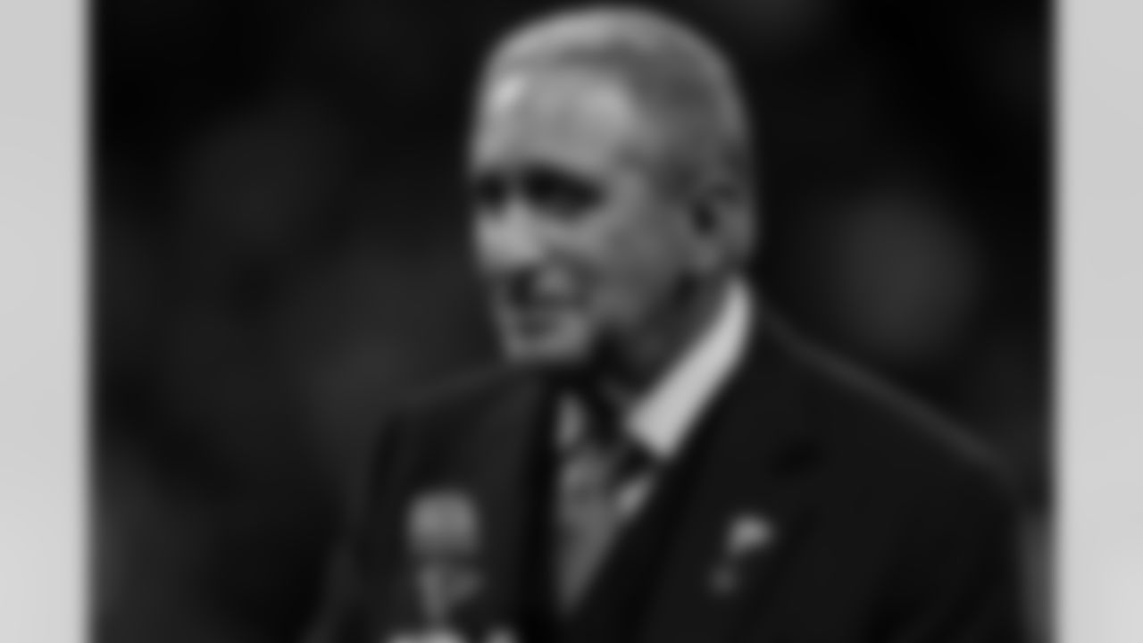 Atlanta Falcons Owner Arthur Blank looks on as NFL Hall of Famer Tony Gonzalez is presented with the Pro Football Hall of Fame Ring during halftime between the Atlanta Falcons and the New Orleans Saints at Mercedes-Benz Stadium in Atlanta, GA, on Thursday November 28, 2019.at Mercedes-Benz Stadium in Atlanta, GA, on Thursday November 28, 2019. (Photo by Rob Foldy/Atlanta Falcons)