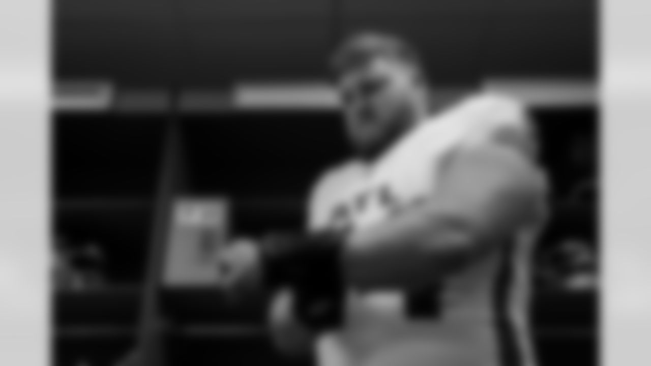 Atlanta Falcons offensive lineman Ryan Neuzil #64 in the locker room during the Week 7 Game against the San Francisco 49ers at Levi's Stadium in Santa Clara, California on Sunday, October 19, 2025. (Photo by Jay Bendlin/Atlanta Falcons)