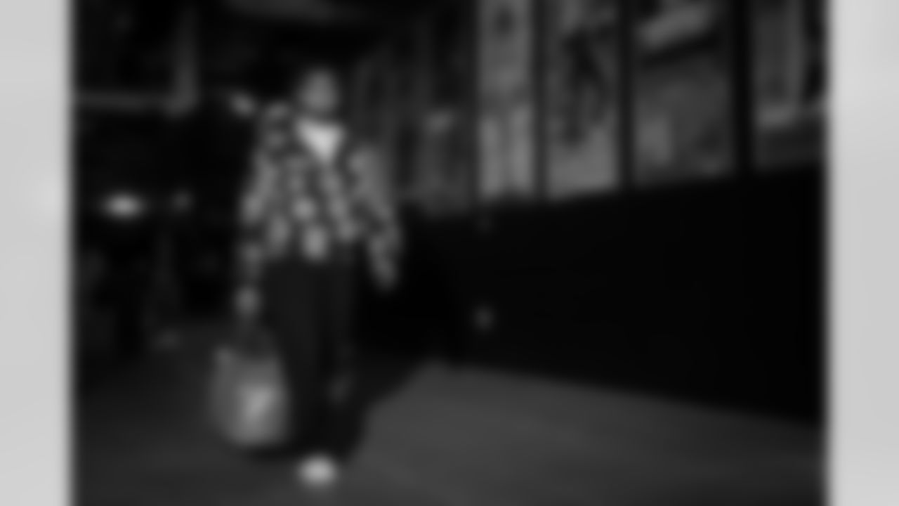 Atlanta Falcons linebacker Josh Woods #42 arrives before the Week 9 Game against the New England Patriots at Gillette Stadium in Foxborough, Massachusetts on Sunday, November 2, 2025. (Photo by Jay Bendlin/Atlanta Falcons)