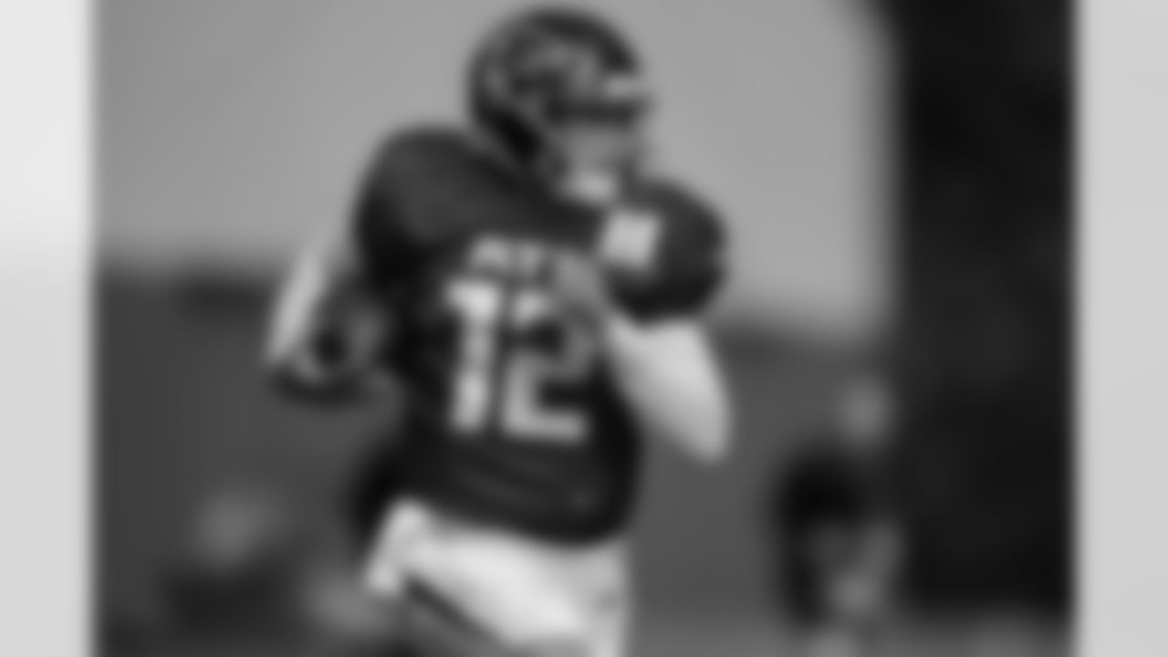 Atlanta Falcons quarterback Easton Stick #12 during practice at AT&T Training Camp at Atlanta Falcons Training Facility in Flowery Branch, Georgia, on Wednesday, August 6, 2025. (Photo by Taylor McLaughlin/Atlanta Falcons)