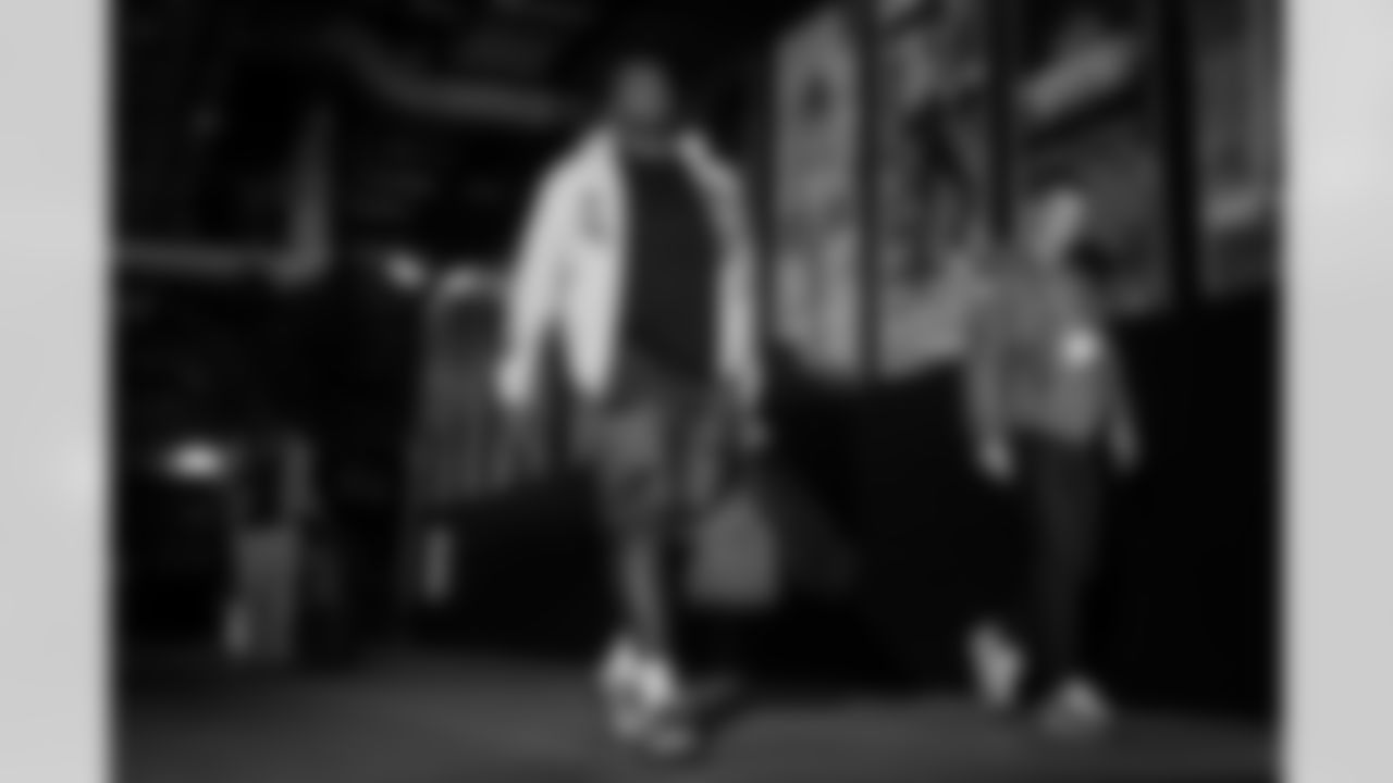 Atlanta Falcons offensive lineman Michael Jerrell #72 arrives before the Week 9 Game against the New England Patriots at Gillette Stadium in Foxborough, Massachusetts on Sunday, November 2, 2025. (Photo by Jay Bendlin/Atlanta Falcons)