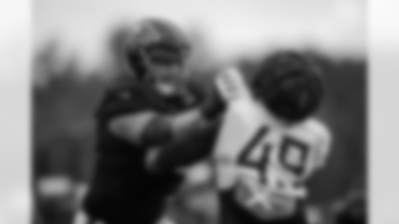 Atlanta Falcons tackle Jake Matthews #70 during joint practice with the Tennessee Titans during the 2025 AT&T Training Camp at the Atlanta Falcons Training Facility in Flowery Branch, Ga. On Tuesday, August 12, 2025. (Photo by Jay Bendlin/Atlanta Falcons)