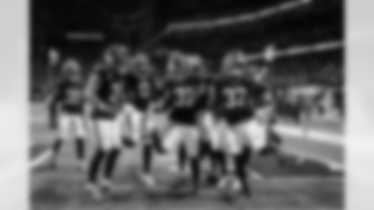 Atlanta Falcons safety Xavier Watts #31 celebrates with teammates after an interception during the Week 17 Game against the Los Angeles Rams at Mercedes-Benz Stadium in Atlanta, Ga. on Monday, December 29, 2025. (Photo by Mason Bennett/Atlanta Falcons)