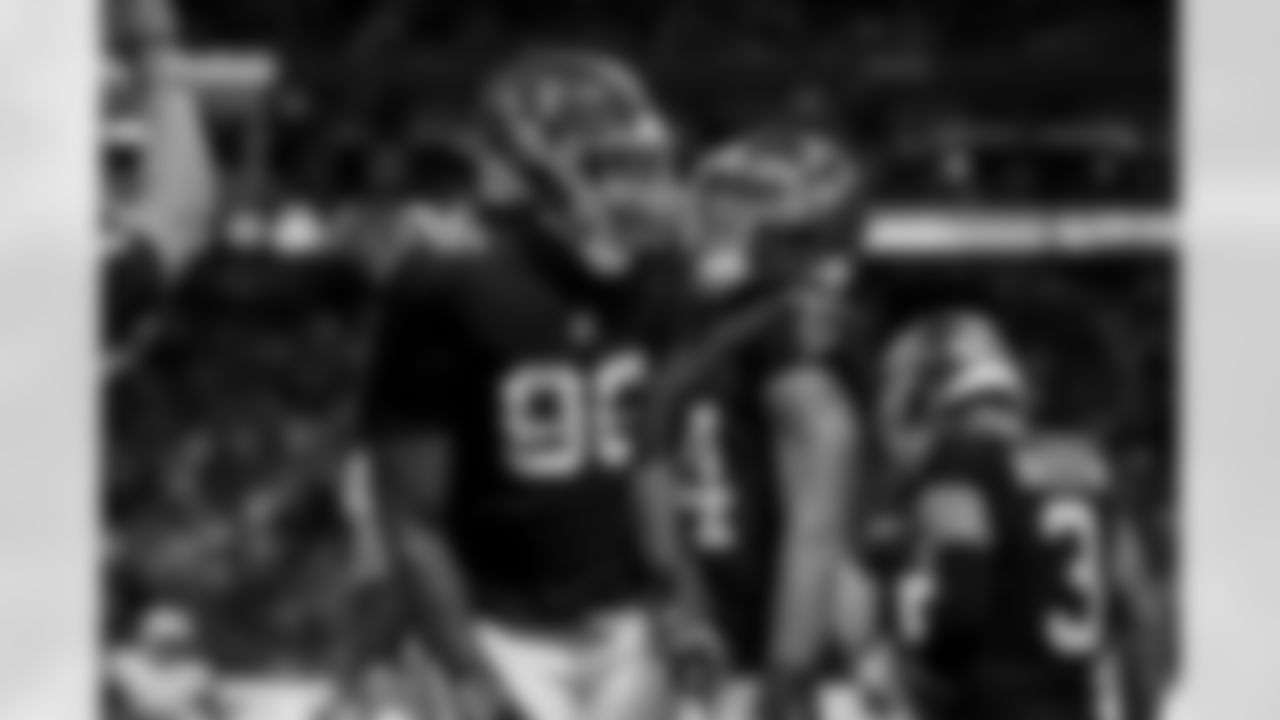 Atlanta Falcons defensive lineman Zach Harrison #96 makes a tackle during the Week 6 Game against the Buffalo Bills at Mercedes-Benz Stadium in Atlanta, Georgia on Monday, October 13, 2025. (Photo by Taylor McLaughlin/Atlanta Falcons)