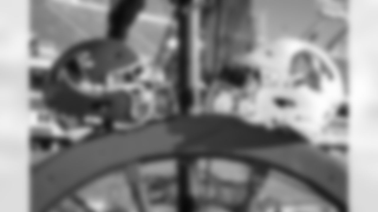 General view of helmets before during the Week 15 Game against the Tampa Bay Buccaneers at Raymond James Stadium in Tampa, Florida on Thursday, December 11, 2025. (Photo by Jay Bendlin/Atlanta Falcons)