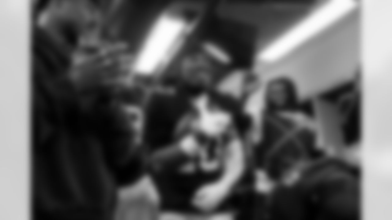 Atlanta Falcons cornerback Dee Alford #20 celebrates in the locker room during the Week 15 Game against the Tampa Bay Buccaneers at Raymond James Stadium in Tampa, Florida on Thursday, December 11, 2025. (Photo by Jay Bendlin/Atlanta Falcons)