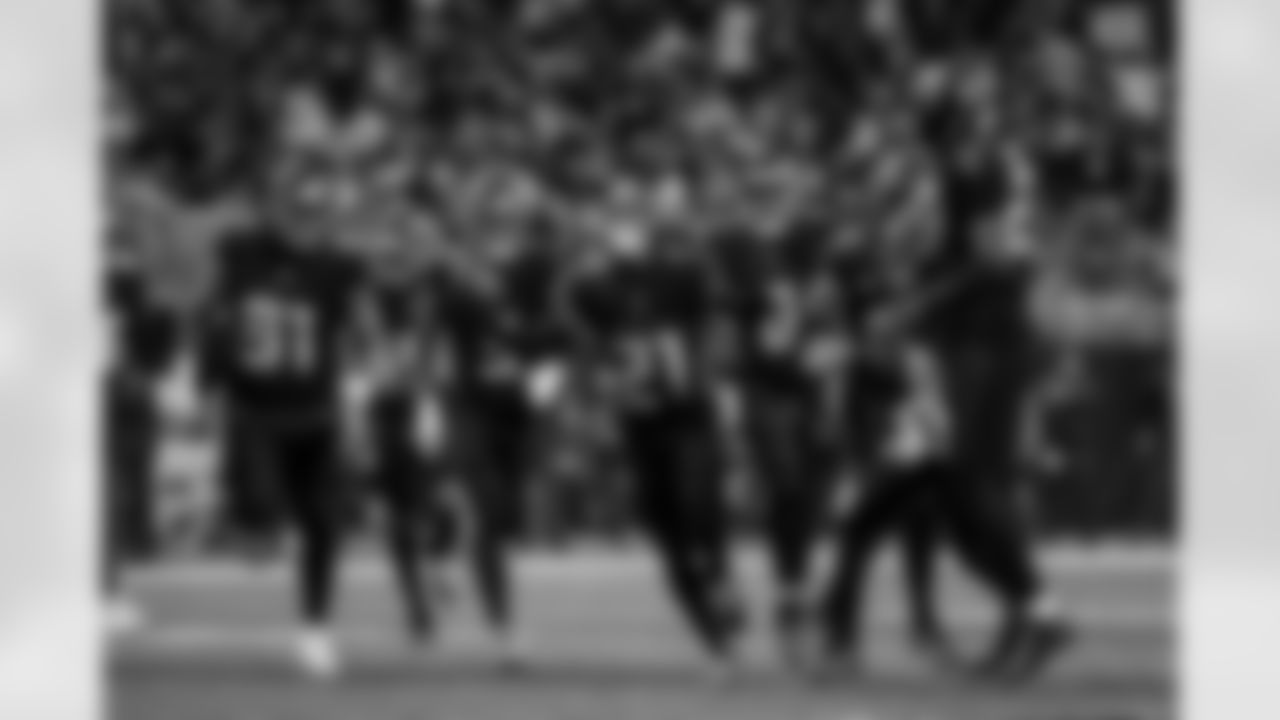 Atlanta Falcons cornerback Mike Hughes #21 celebrates after making an interception during the Week 14 Game against the Seattle Seahawks at Mercedes-Benz Stadium in Atlanta, Georgia on Sunday, December 7, 2025. (Photo by Mitch Martin/Atlanta Falcons)