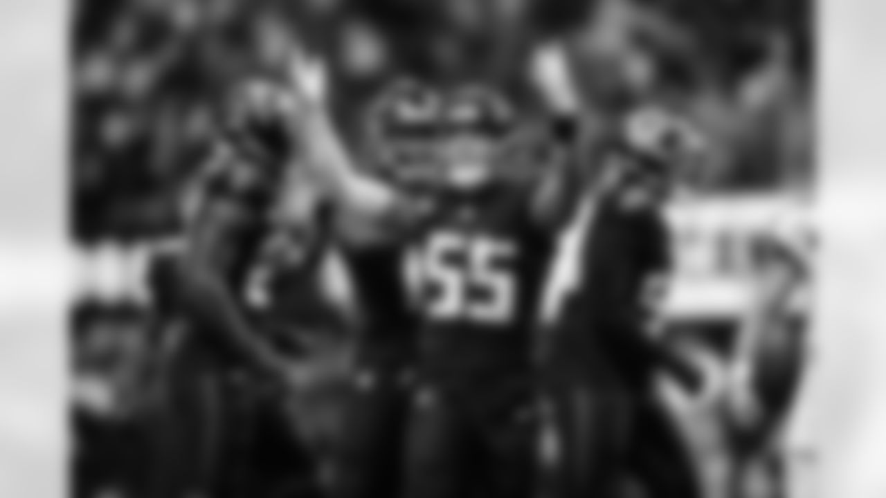 Atlanta Falcons inside linebacker Kaden Elliss #55 reacts during the Week 1 Game against the Tampa Bay Buccaneers at Mercedes-Benz Stadium in Atlanta, Georgia on Sunday, September 7, 2025. (Photo by AJ Reynolds/Atlanta Falcons)