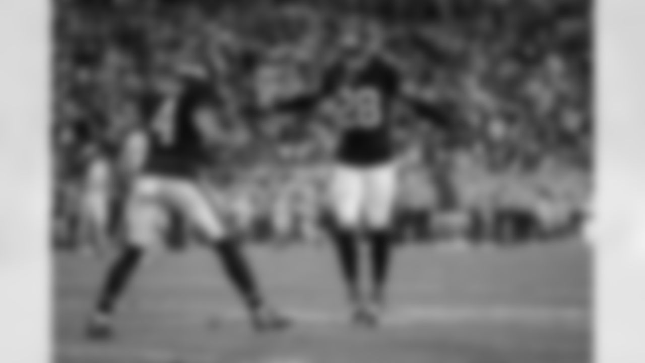 Atlanta Falcons cornerback Mike Ford Jr. #28 and Atlanta Falcons wide receiver KhaDarel Hodge #4 react during the Week 15 Game against the Tampa Bay Buccaneers at Raymond James Stadium in Tampa, Florida on Thursday, December 11, 2025. (Photo by Mitch Martin/Atlanta Falcons)