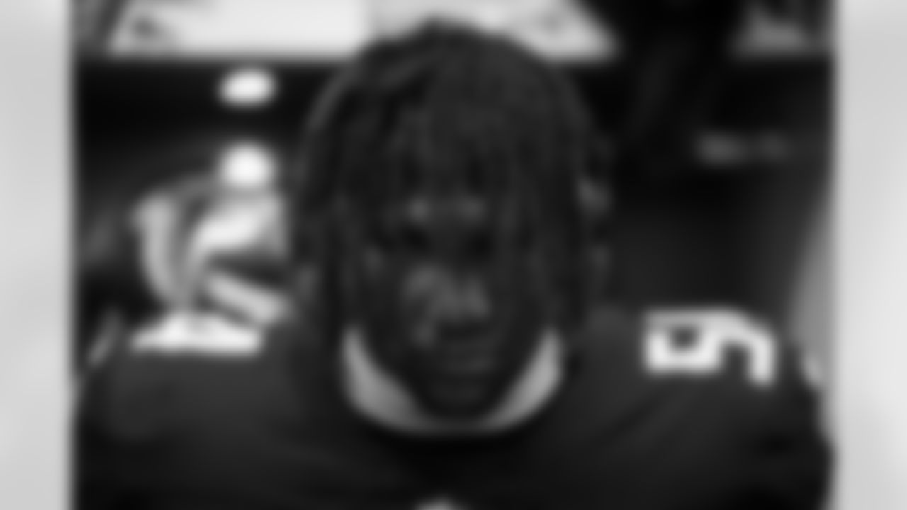 Atlanta Falcons defensive tackle Brandon Dorlus #54 prepares in the locker room before the Week 1 Game against the Tampa Bay Buccaneers at Mercedes-Benz Stadium in Atlanta, Georgia on Sunday, September 7, 2025. (Photo by Jay Bendlin/Atlanta Falcons)